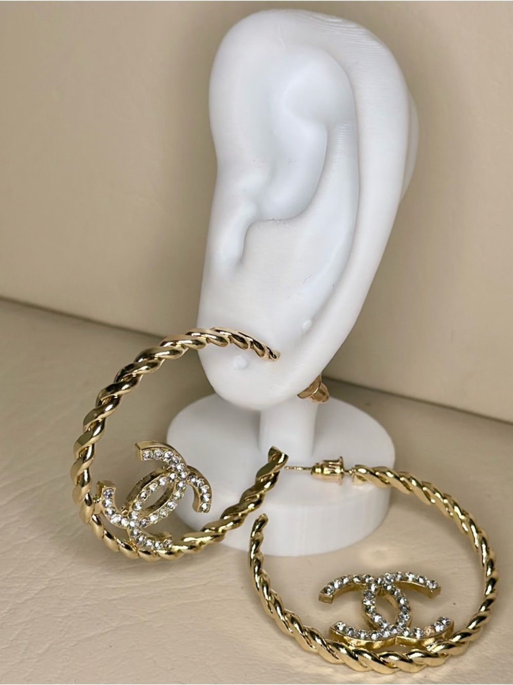 CC Gold-Tone Crystal Logo Hoop Earrings